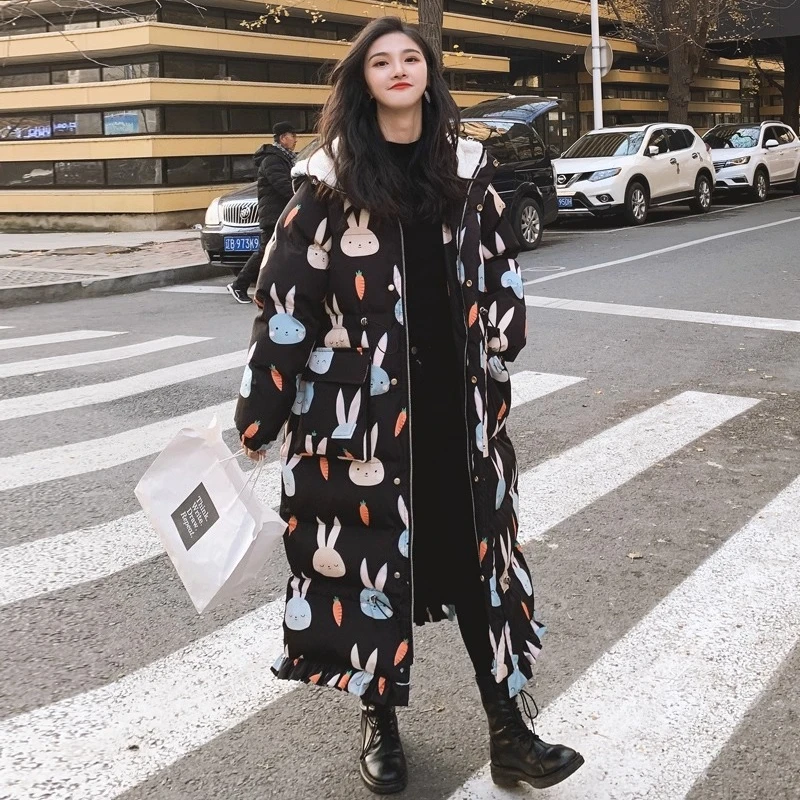 2025 겨울 신상 귀여운 토끼 귀 다운 재킷 여성용 두꺼운 양털 혼방 롱 패딩 코트