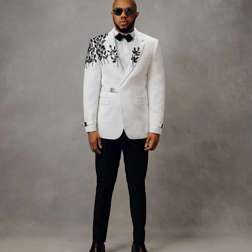 

Yimi White Men's Suits 2 Pieces Notched Lapel Waistband Wedding Evening Party Suit Beading Prom Blazer Slim Fit Customized