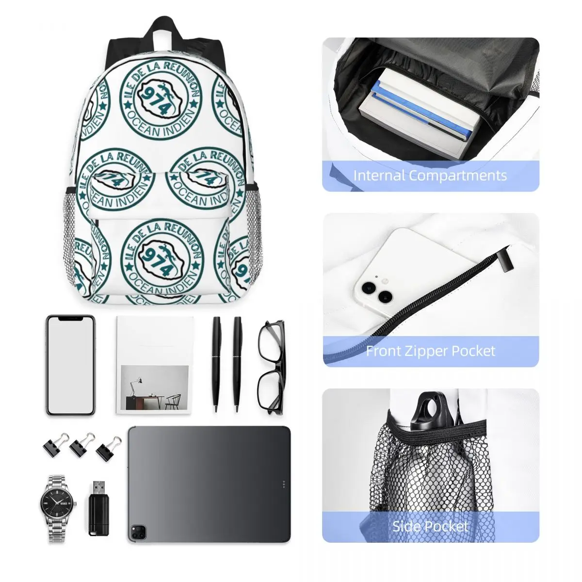 974 Reunion Island Flag Backpack Hot Sale Daypack Large Capacity Boys Girls BookBag Shoulder Bags for Men Women School Bag