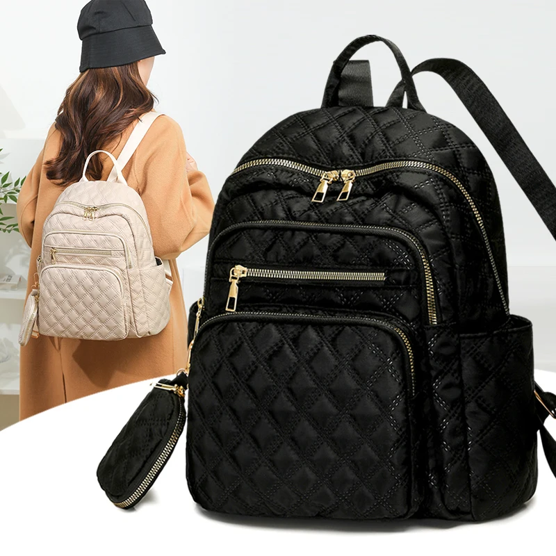 Women’s Travel Nylon Backpack with Diamond Stitching, Versatile Durable Handbag for Daily Use,Casual Shoulder Bag College Work