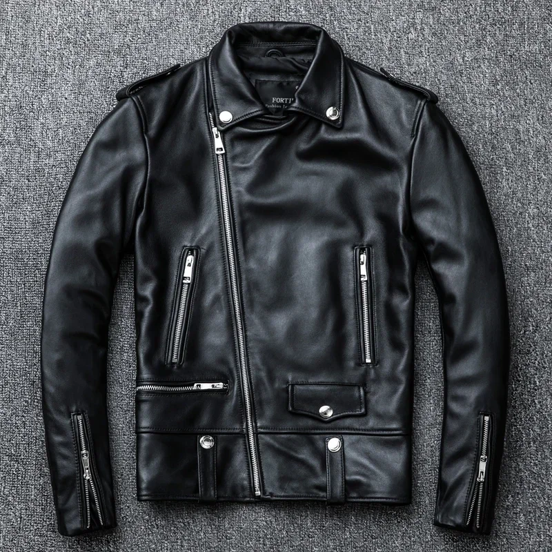 Spring and Autumn Natural Sheepskin Leather Jacket Black Soft Men\'s Motocycle Jackets Motor Clothing Biker Slim Short Coat