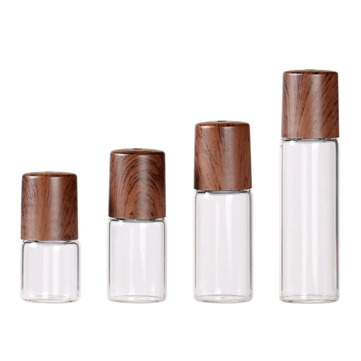 5x ガラス製エッセンシャルオイルローラーボトル 1/2/3/5ml アンバー/クリア ロールオンバイアル ウッドルック プラスチックキャップ 蓋 香水詰め替え ポータブル
