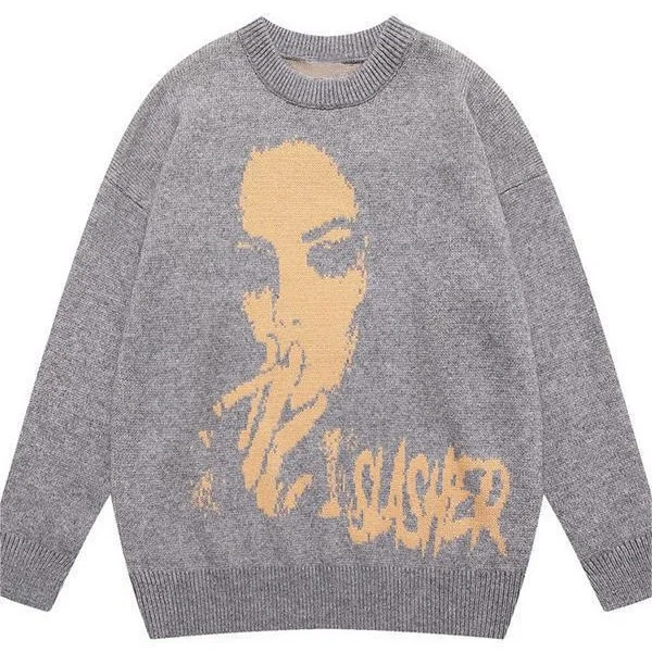 

Casual Knitted Sweater Unisex Street Style Y2K Couple Matching Cotton Blend Thick Long Sleeve round Neck Warm Spring Autumn