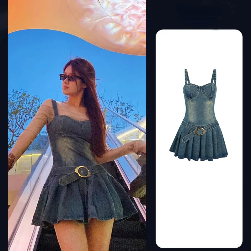 Summer Women Vintage Bleached Pleated Denim Camisole Dress , Laides Fashion Casual Spaghetti Strap Dresses