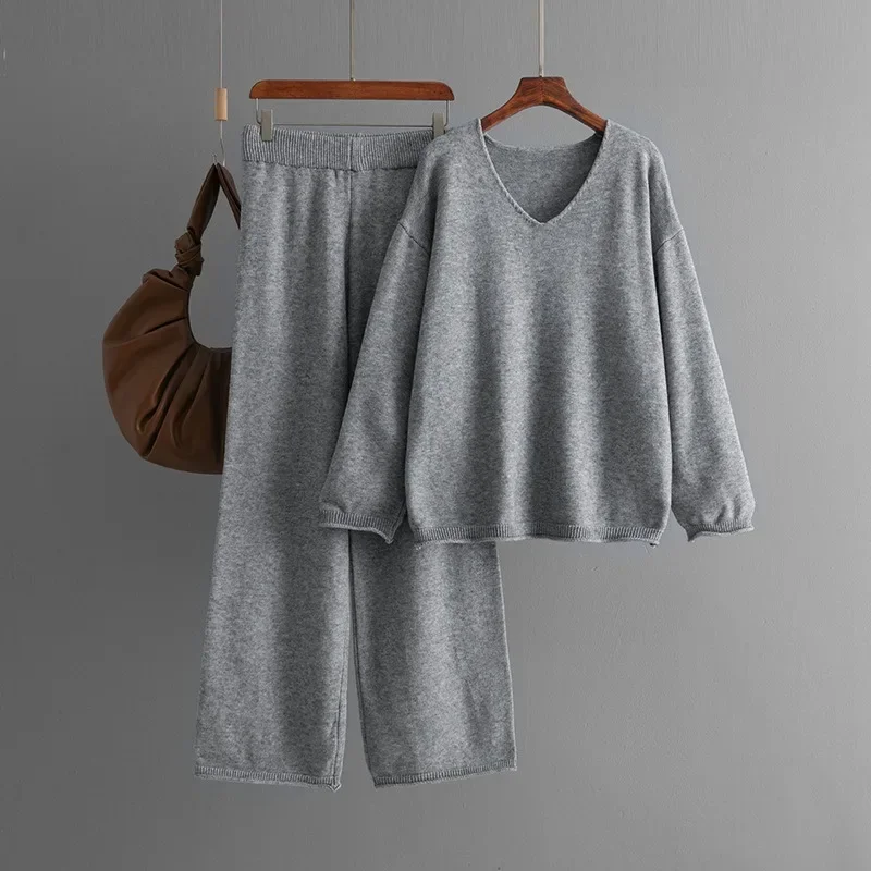 Elegant Solid Color Pants Suit 2024 New Fashion Autumn Winter Loose High Waist Warm Casual V-neck Sweater Women Two-piece Set