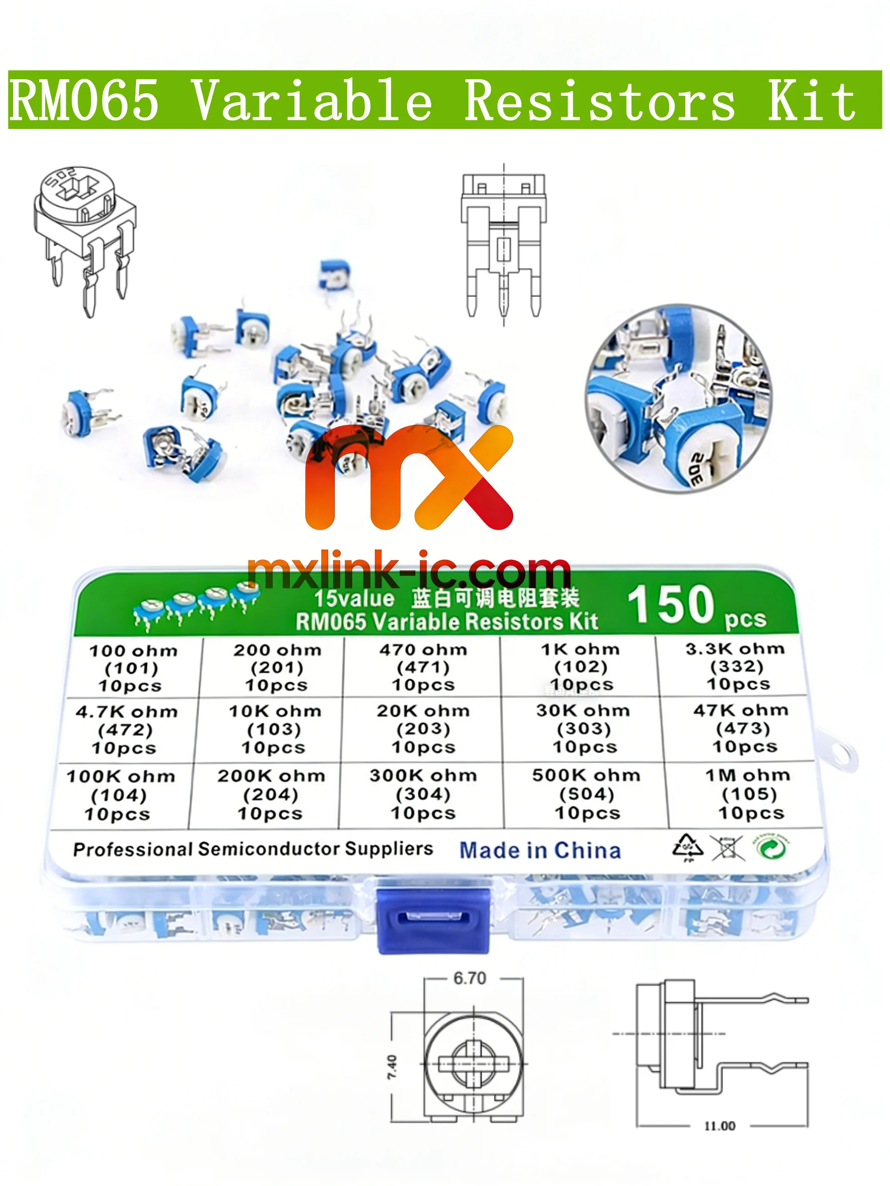 1 Set 15 Specifications 10 Pcs Each Total 150 Pcs RM065 Horizontal Blue White Trimmer Potentiometer Kit With Box