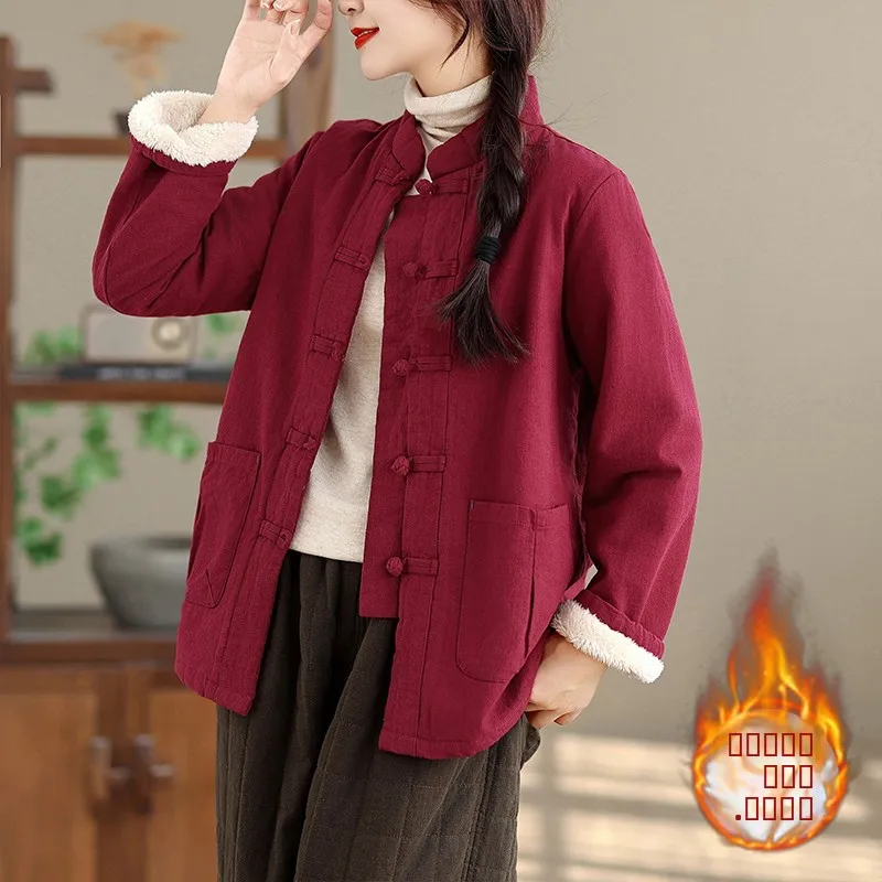 

Original Autumn Winter Stand Collar Button New Chinese Sle Lightweight Faux Lamb Fur Jaet Women's Cotton Padded Coat