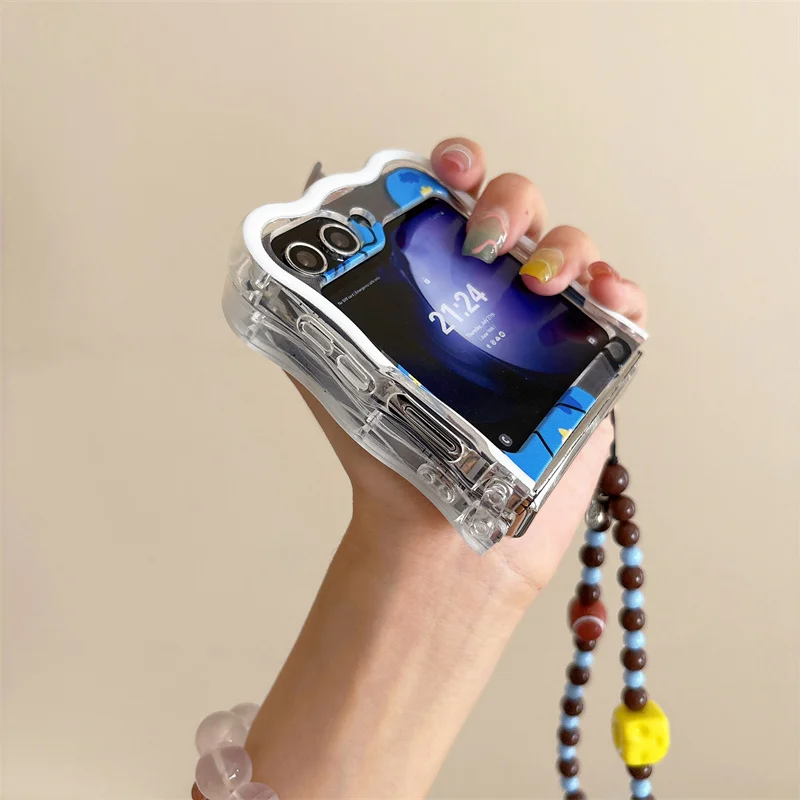 เคสโทรศัพท์ลายแมวน่ารักสไตล์เกาหลี พร้อมโบว์และลายคลื่น สำหรับ Samsung Galaxy Z Flip 6 7 5 4 3 ZFlip5 zflip6 พร้อมสายคล้องมือ ลายการ์ตูน