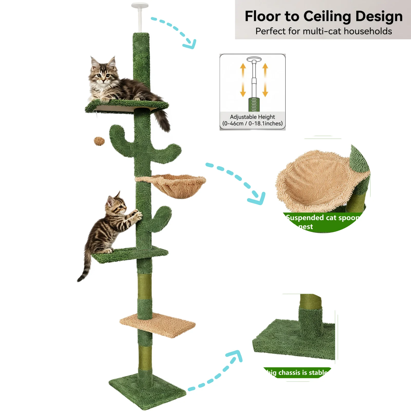 Tettoio regolabile per gatti con struttura per arrampicarsi e tirare, albero per gatti a 5 livelli, albero alto a forma di cactus, con struttura in sisal, scaffale per attività e gioco per gatti.
