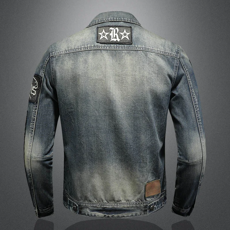 New in Denim Jacket Men Star Patch Design Ripped Hole Jeans Spring Autumn Vintage Blue Single Breasted Coat