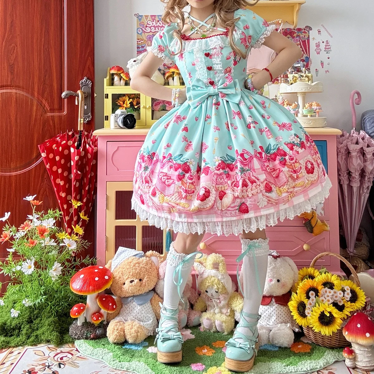Sweet Lolita Style Mini Dress Op Summer New Strawberry Milkshake Print Lace  Bow Kawaii Princess Dress Girls' Birthday Dresses - AliExpress 200000345