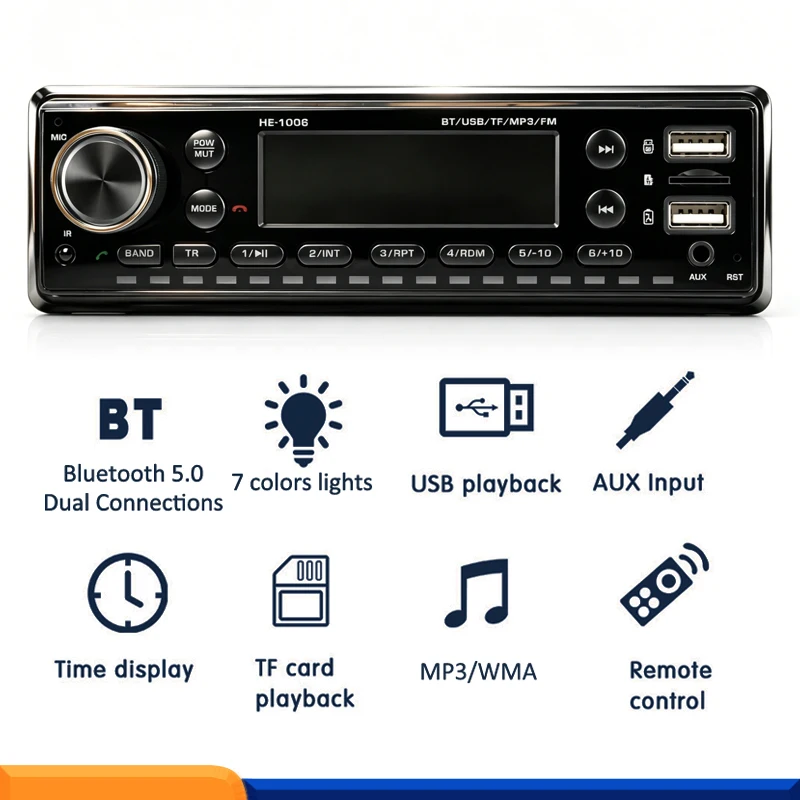 PHYEE 1 DIN Car Radio Bluetooth, App Control, USB MP3 Player, TF Aux-in, FM Receiver, High Power, 7 Color Lighting Head Unit
