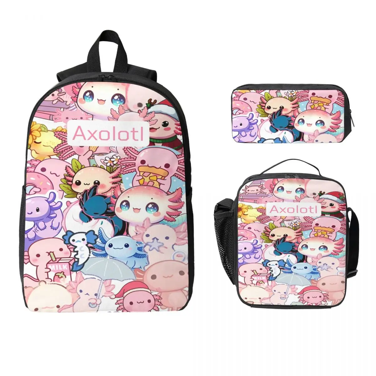 

3Pcs Axolotl Accessories Backpack Set for Children Pencil Boxes Bookbag Sets with Lunch Box For School Students Daypack