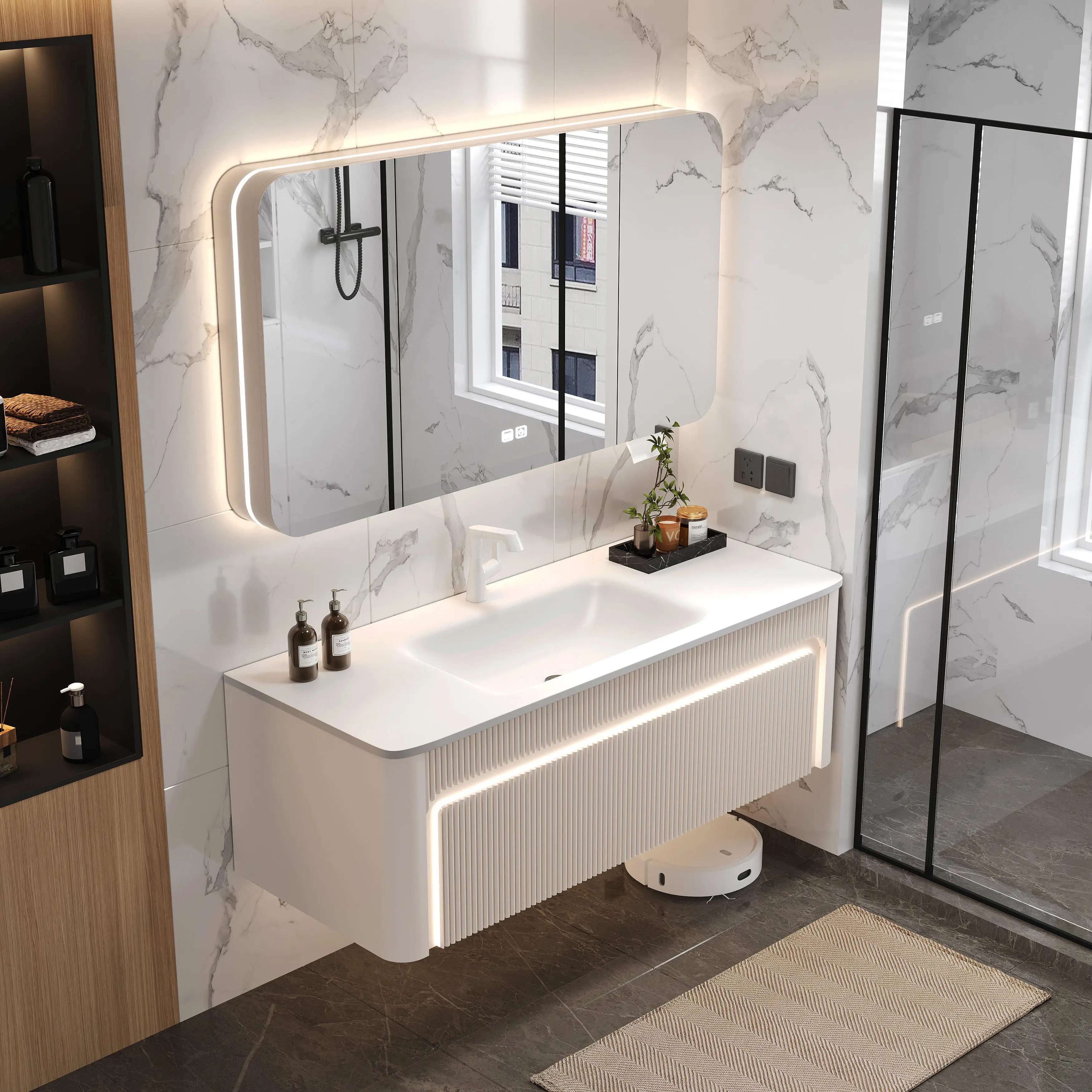Bathroom Vanity Units with Sink, Wall Hung Waterproof Cabinet Set, Modern Bathroom Furniture, 24 Inch White Gloss