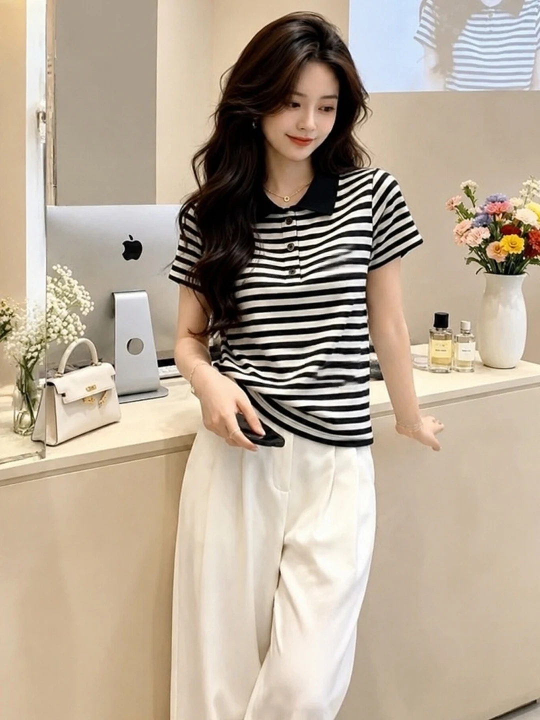Retro Stylish Striped  Collar Short Sleeve T-Shirt Women Summer plus Size Slimming Casual Top Korean Style Creative Pattern