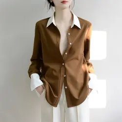 Stylish Solid Color Patchwork Shirt Spring Autumn Korean Loose Female Clothing Commute Polo-Neck Casual Single-breasted Blouse