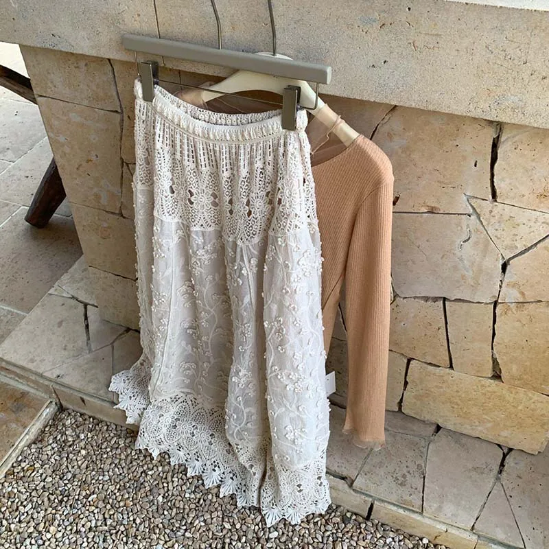 Boring Honey Vintage Apricot Lace Midi Skirt Women High Waist Hollow Out Embroidered Skirt Korean Style Elegant Party Skirts Sum