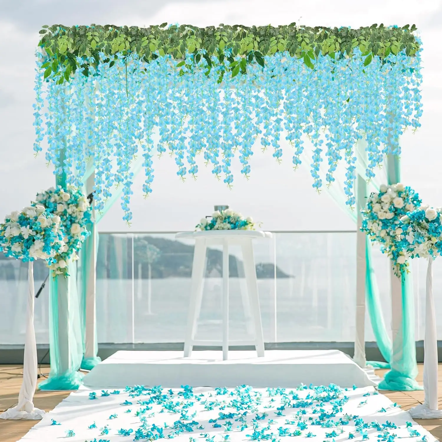 24 قطعة من زهور الوستارية المعلقة. 7 أقدام من الكرمة الاصطناعية سلسلة إكليل وهمية لحفلات الزفاف والحديقة الخارجية والخضرة لتزيين الحائط