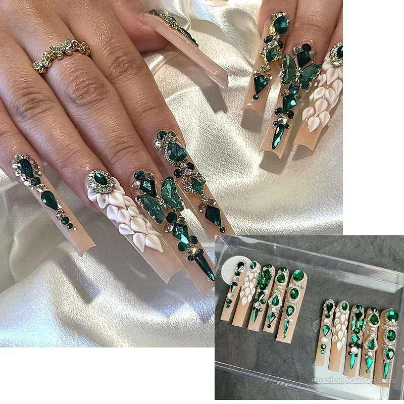 Custom Handmade 3XL Extra Long Press On Nails 5CM Glittery Rhinestone Flower False Nail Tips XXXL Reusable Acrylic Fake Nail