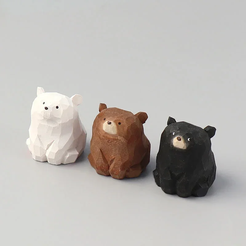 Solid Wood Carved Bear Wooden Cute Mini Bear Figurines Miniature Desktop Living Room Decoration Decoration Decorative Figurines