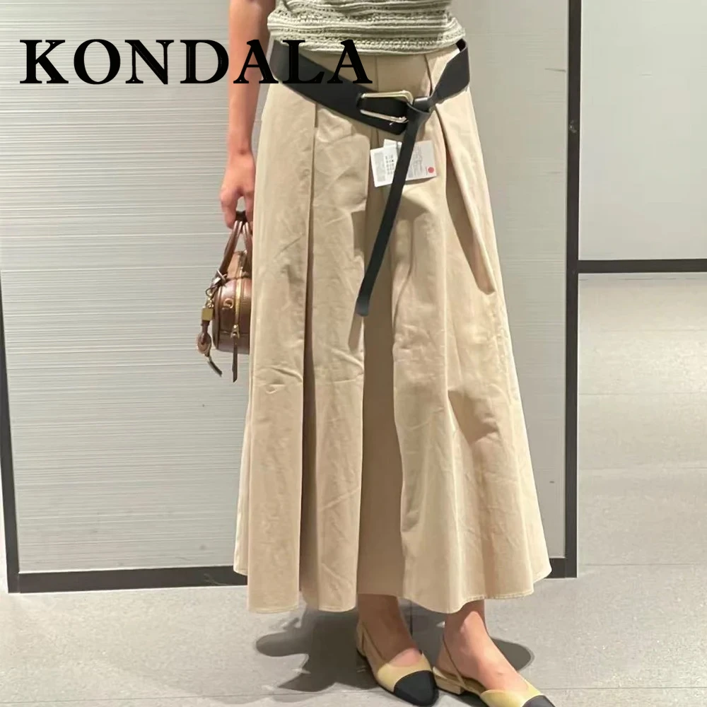 KONDALA Vintage Khaki Belt 2025 Streetwear Chic Woman Long Skirt Sashes Zipper Fashion A-Line Skirt Draped Female Long Skirt