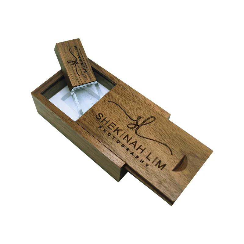 Free Custom Photography LOGO Walnut Metal Crystal USB Flash Drive 4GB 8GB 16GB 32GB 64GB Memory Stick and Walnut Gift Box
