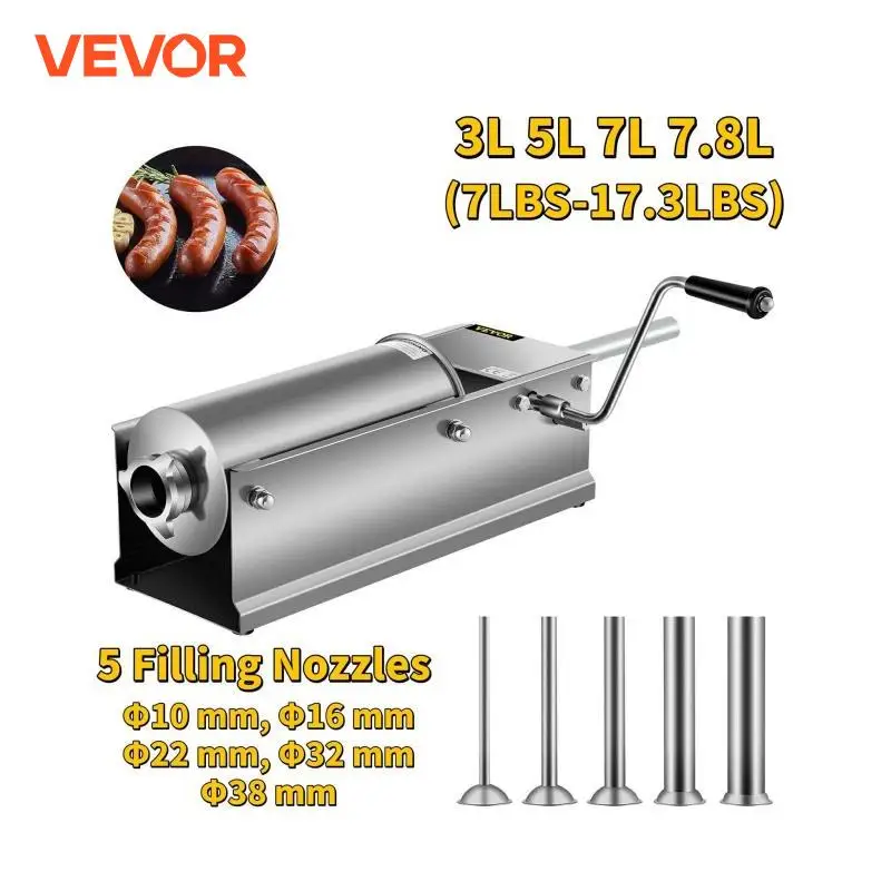 VEVOR 3L 5L 7L 7.8L Horizontal Sausage Stuffer Food Processors 5 Filling Nozzles Kitchen Accessories Home Appliance for Hot Dog