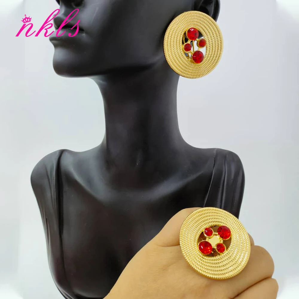 

18K Gold Color Earrings Ring Set for Women African Luxury Red Stone Hoop Earrings Wedding Bride Fashion Jewelry Christmas Gift