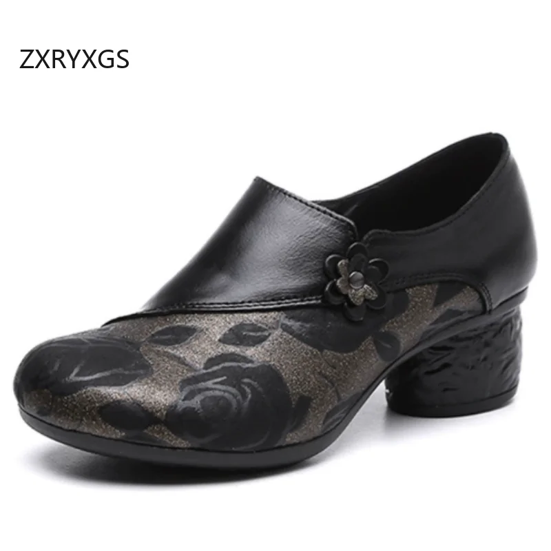 

ZXRYXGS Top Cowhide Printing Banquet Wedding Shoes Woman Elegant Fashionable Shoes 2026 New Genuine Leather Shoes Mid Heel Pumps