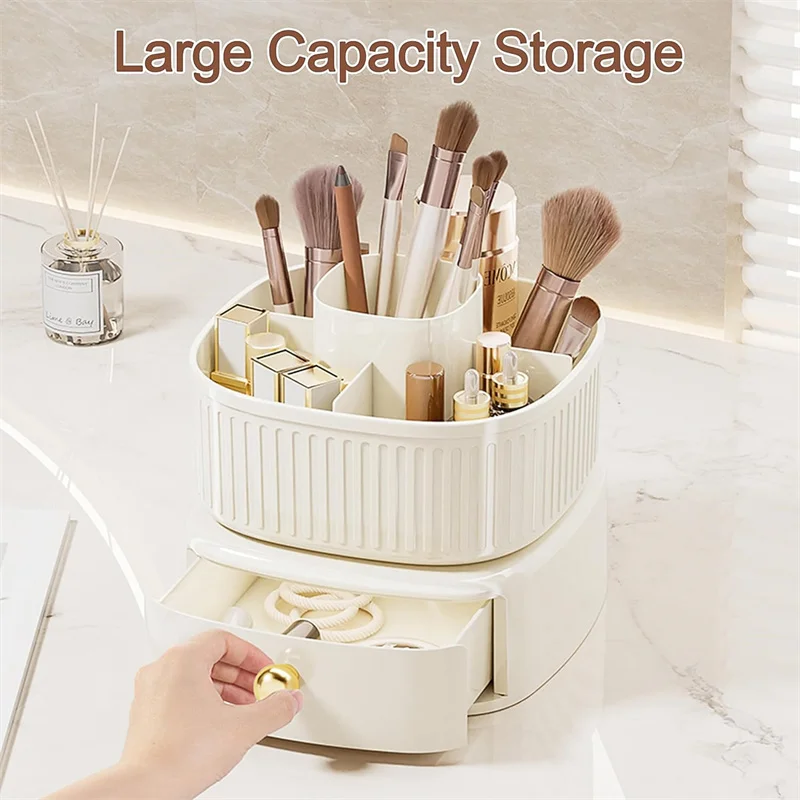 360° Rotating Makeup Brushes Holder with Drawer 5 Slot Makeup Brushes Lipstick Storage Box Desktop Cosmetics Tools Orangizer Box
