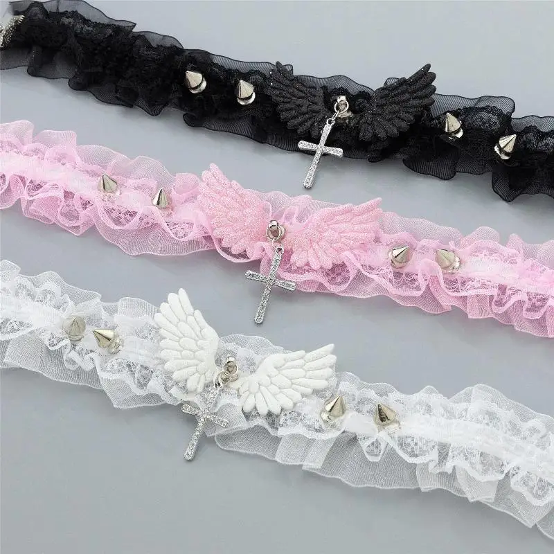 Fashion Women Girls Necklace Solid Color Wide Lace Rivets Lolita Lace Choker Y2K Angel Wings Cool Leather Necklace