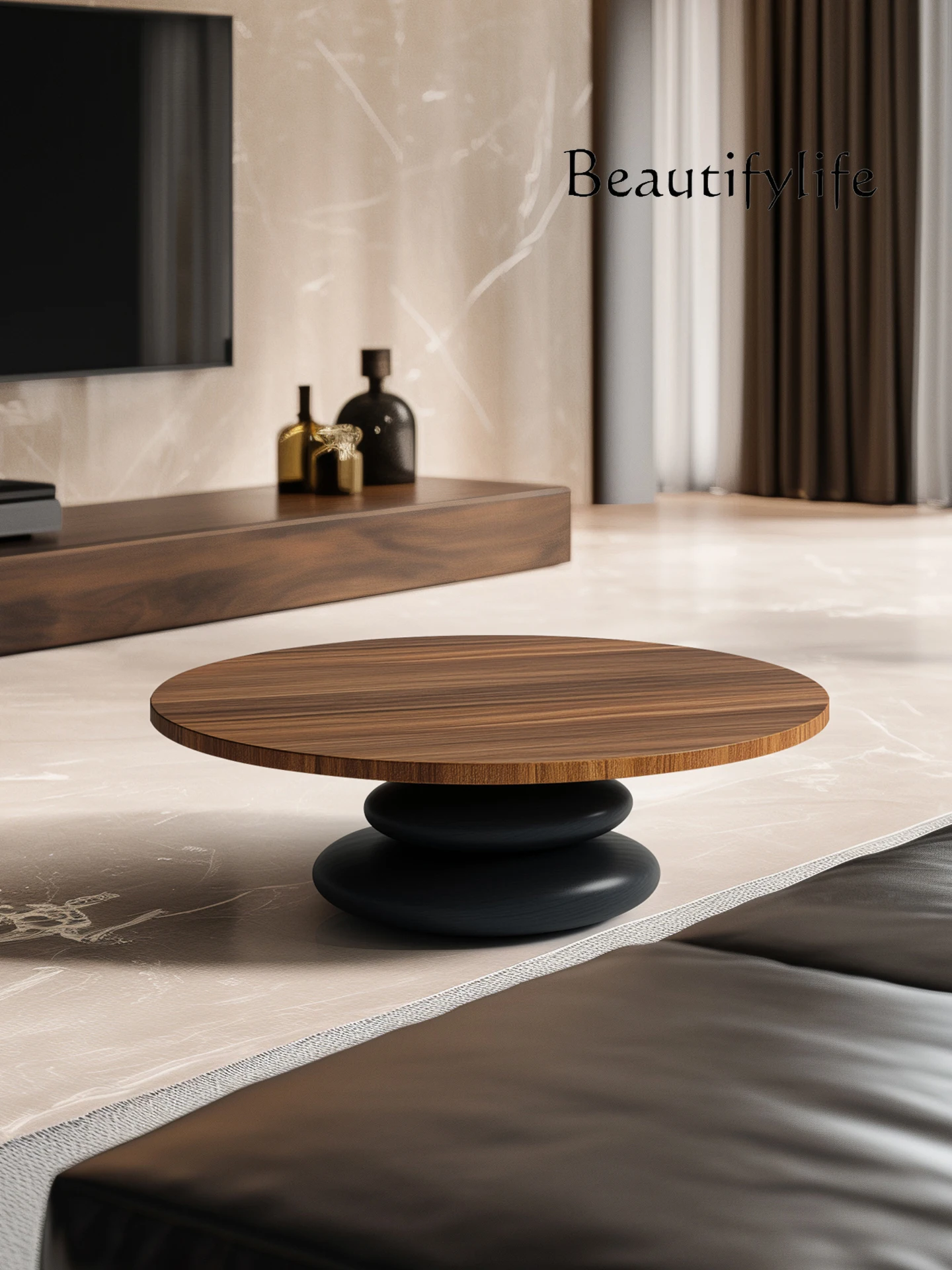Designer pebble shape round solid wood coffee table Italian minimalism high sense living room home art creativity