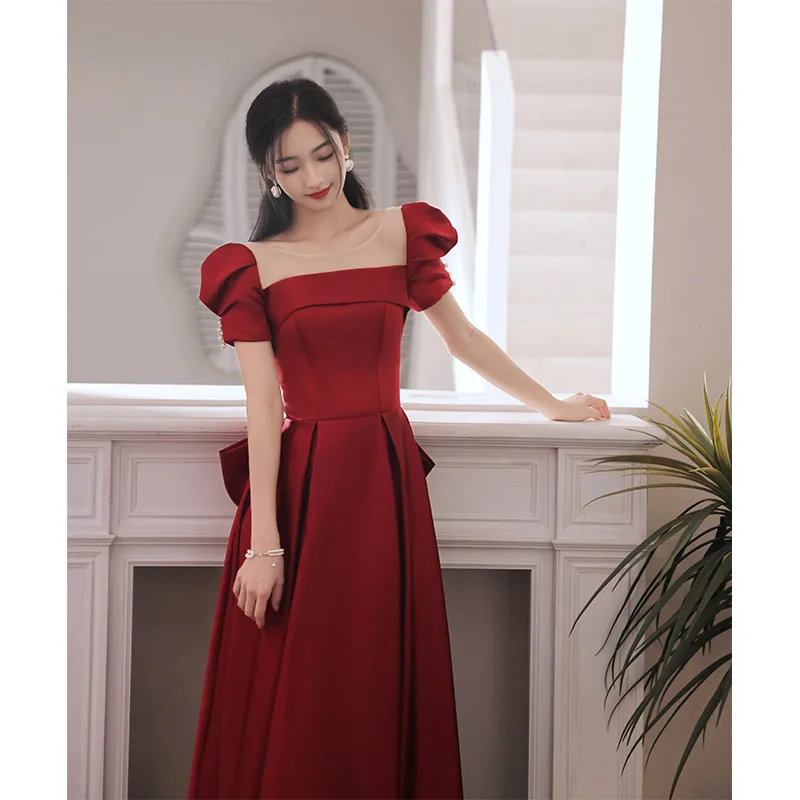 New Wine Red Evening Dresses Elegant Dress Women For Wedding Party Luxury Satin Square Neck Short Sleeve Back Bow Decorated