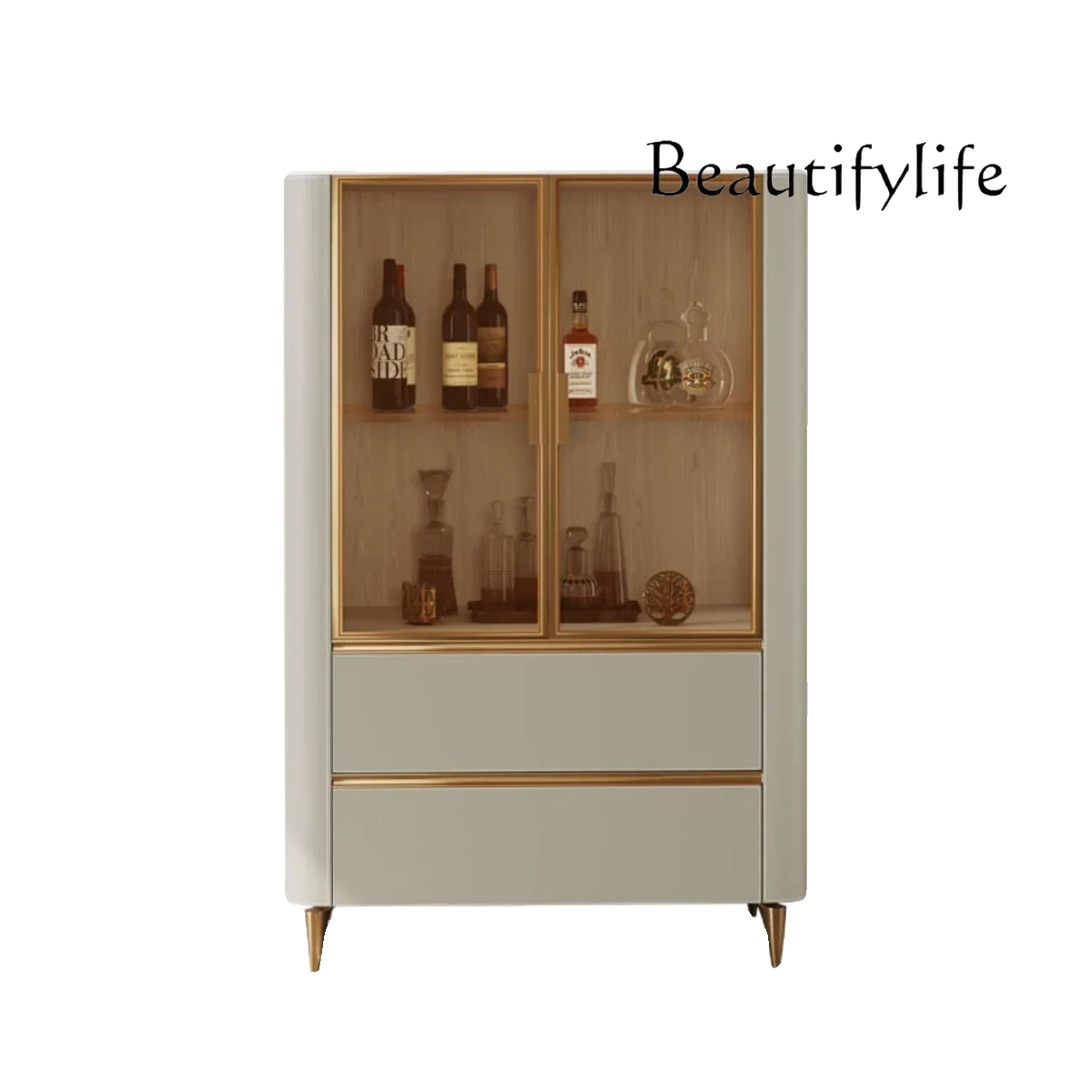 

luxury saddle leather wine cabinet, household living room integrated with wall, high-end display locker, glass display cabinet
