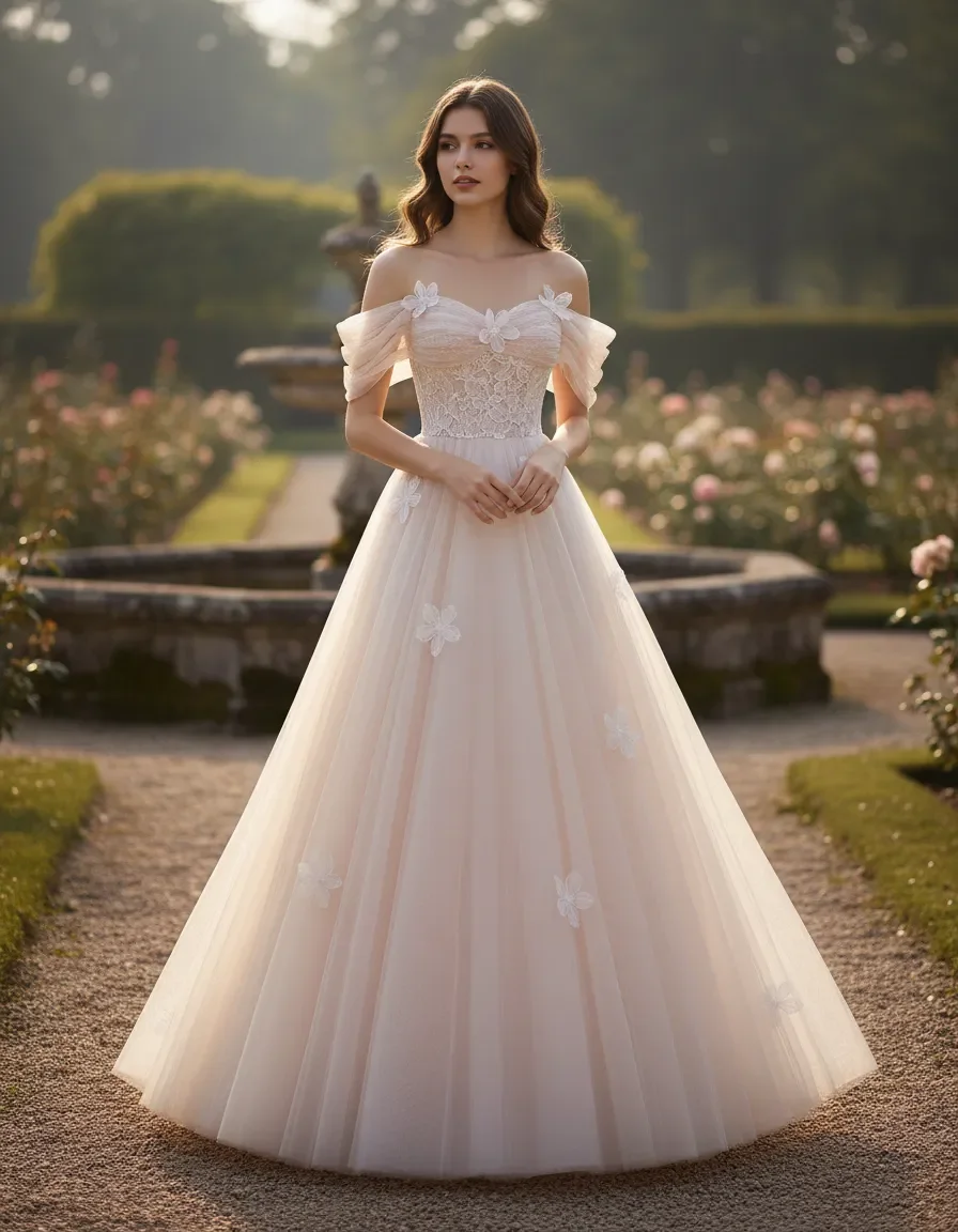 Elegant Off Shoulder Tulle Ball Gown with 3D Floral Lace Appliqué for Quinceanera, Wedding, Graduation, Prom & Formal Events