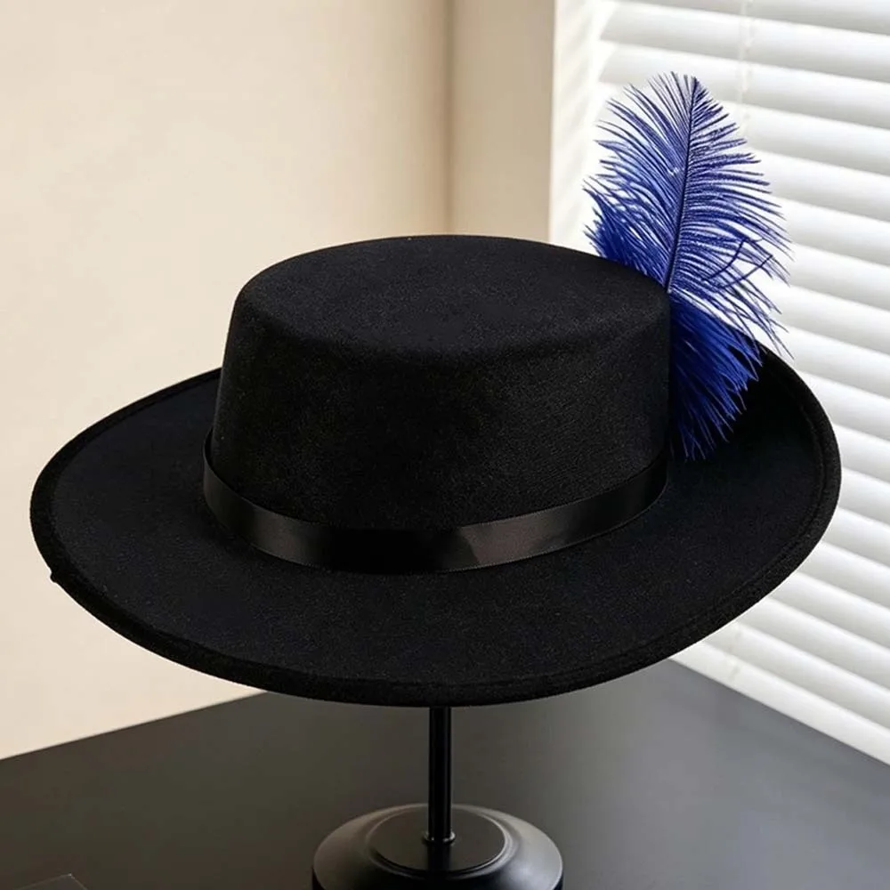 Felt Cavalier Top Hat Artificial Feather Flat Top Feather Stage Cap Retro Style Wide Brim Masquerade Headwear Medieval Festival