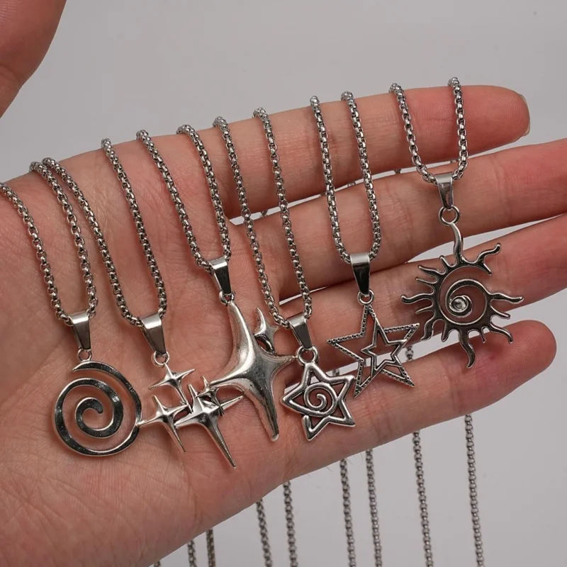 6Pcs Y2K Spiral Sun Star Pendant Necklace Set Silver Box Chain Four Corners Star Charm Aesthetics Stackable Women's Jewelry