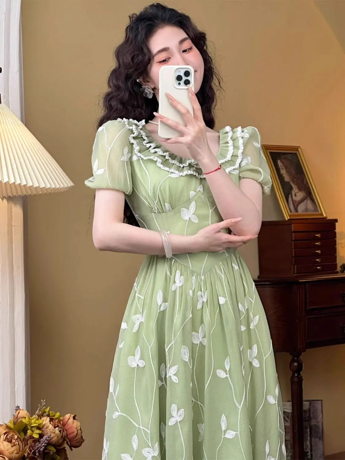 Vintage French Floral Dress Female 2024 Korean Chic Summer Square Collar Vestidos Temperament Sweet Waist Slim Dresses Women