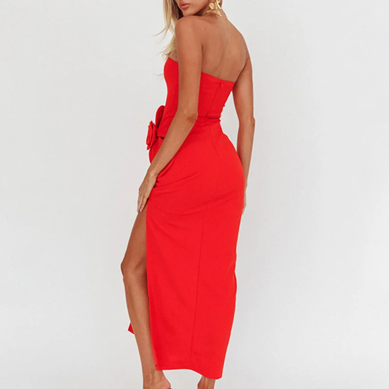 Sexy tubo superior split vestido de festa elegante puro oco para fora sem mangas vestido de banquete 2025 nova senhora estereoscópica floral vestido de noite