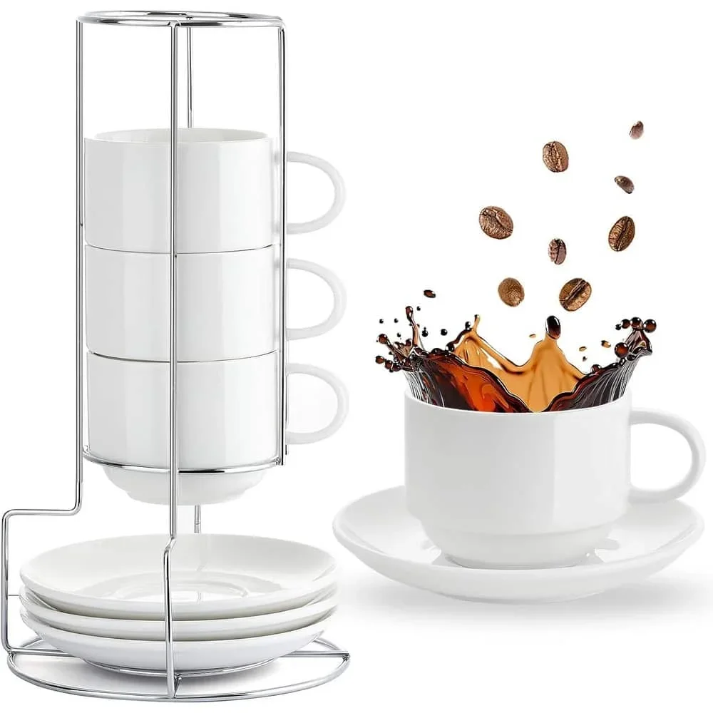 4pcs Porcelain Espresso Coffee Cup with Saucer and Metal Stand Set for Coffee Drinks Cappuccino Latte Espresso Americano and Tea