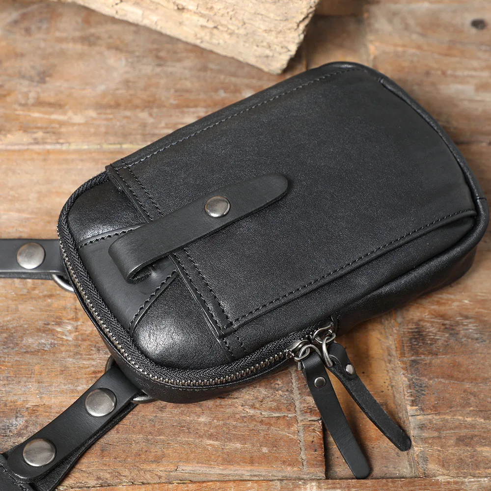S.WORKER Mini-Umhängetasche aus Vollnarbenleder für Herren, Echtleder-Mode-Umhängetasche für Handy und Schlüssel – Detail 10