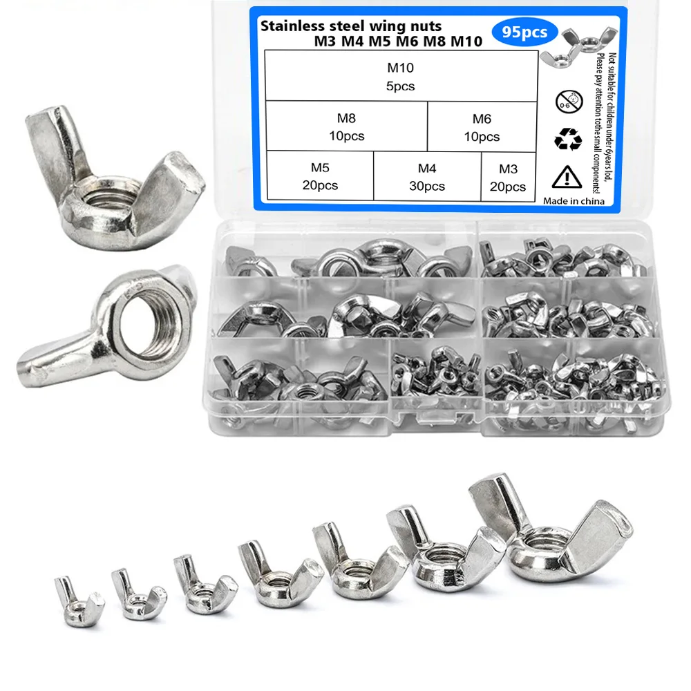 95 Stainless Steel Wing Nuts, M3 M4 M5 M6 M8 M10, Wing Nut Sorting Kit for Easy Installation and Removal.
