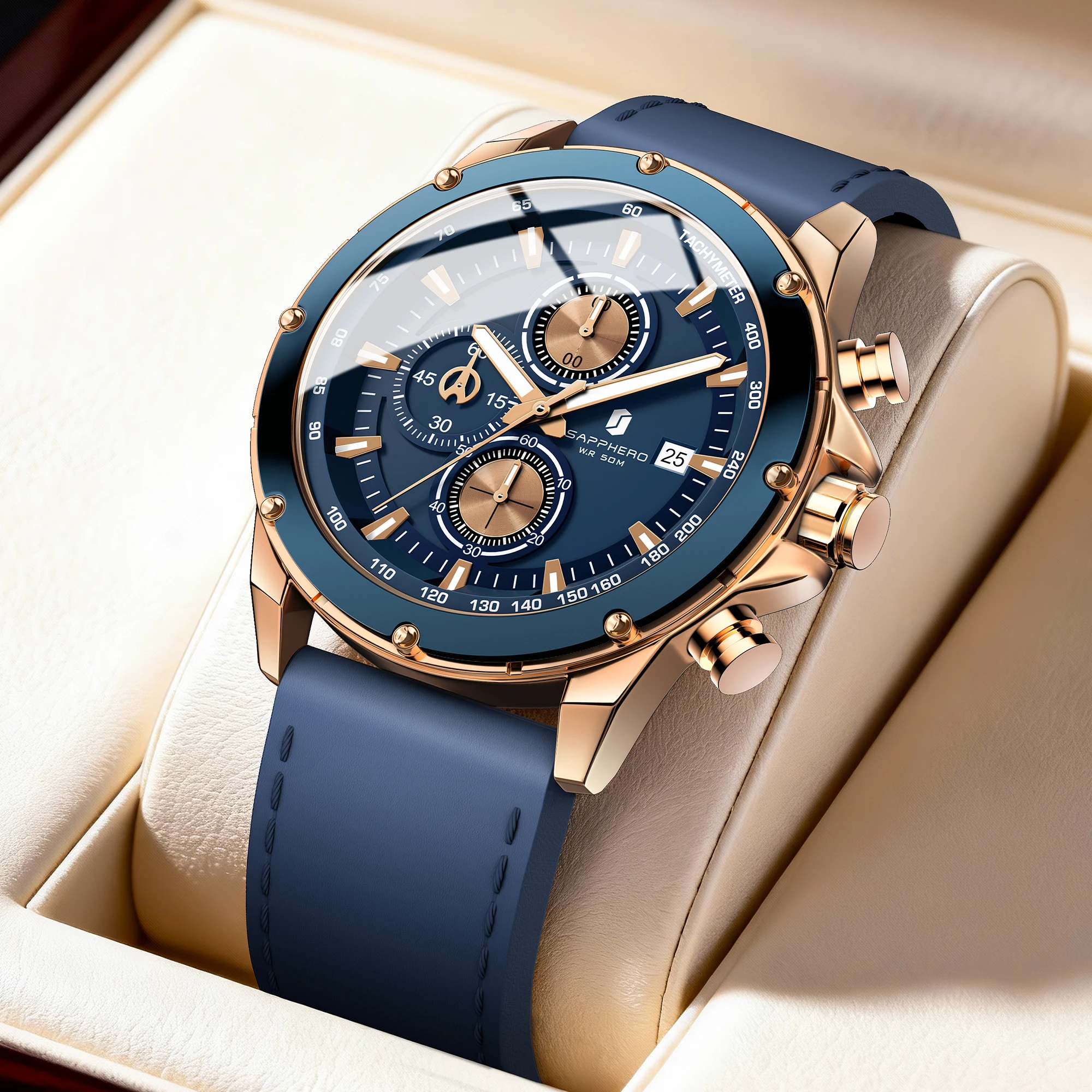 SAPPHERO Men's Fashion Quartz Watch Business Style Date Display Rose Gold Waterproof Watch Chronograph Function Clock Gift