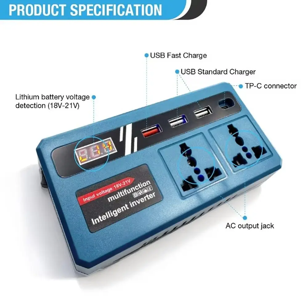 Suitable for DeWei Makita Miwoqi 18v20v To 220v Battery Inverter USB LED Socket Dual Plug Smart Transformer 120W Multifunctional