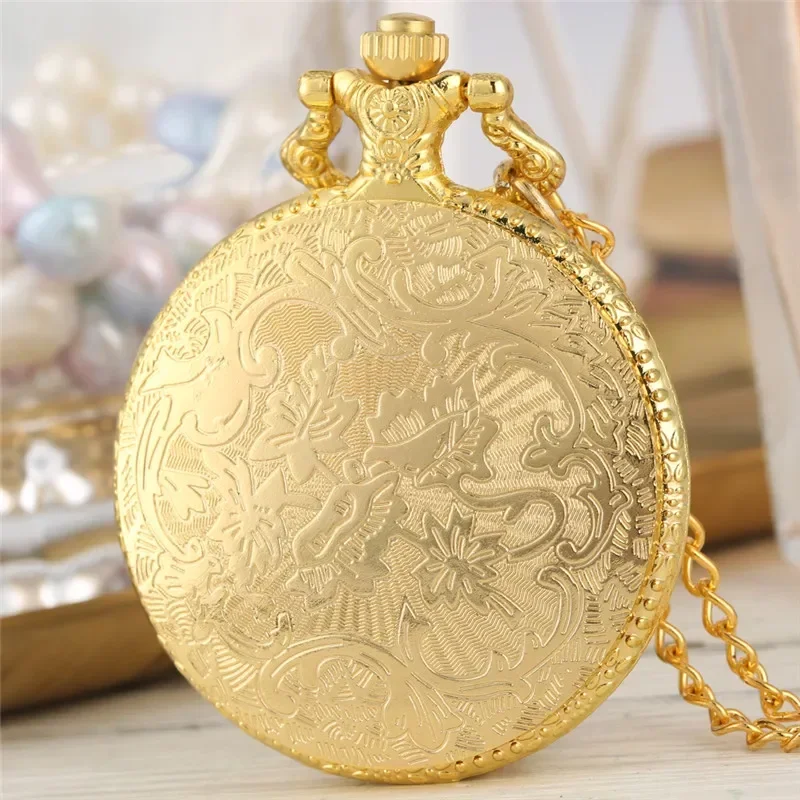 Retro Silver/Gold Carved Shield Design Clock Men Women Quartz Analog Pocket Watch Arabic Number Dial Necklace Chain Timepiece