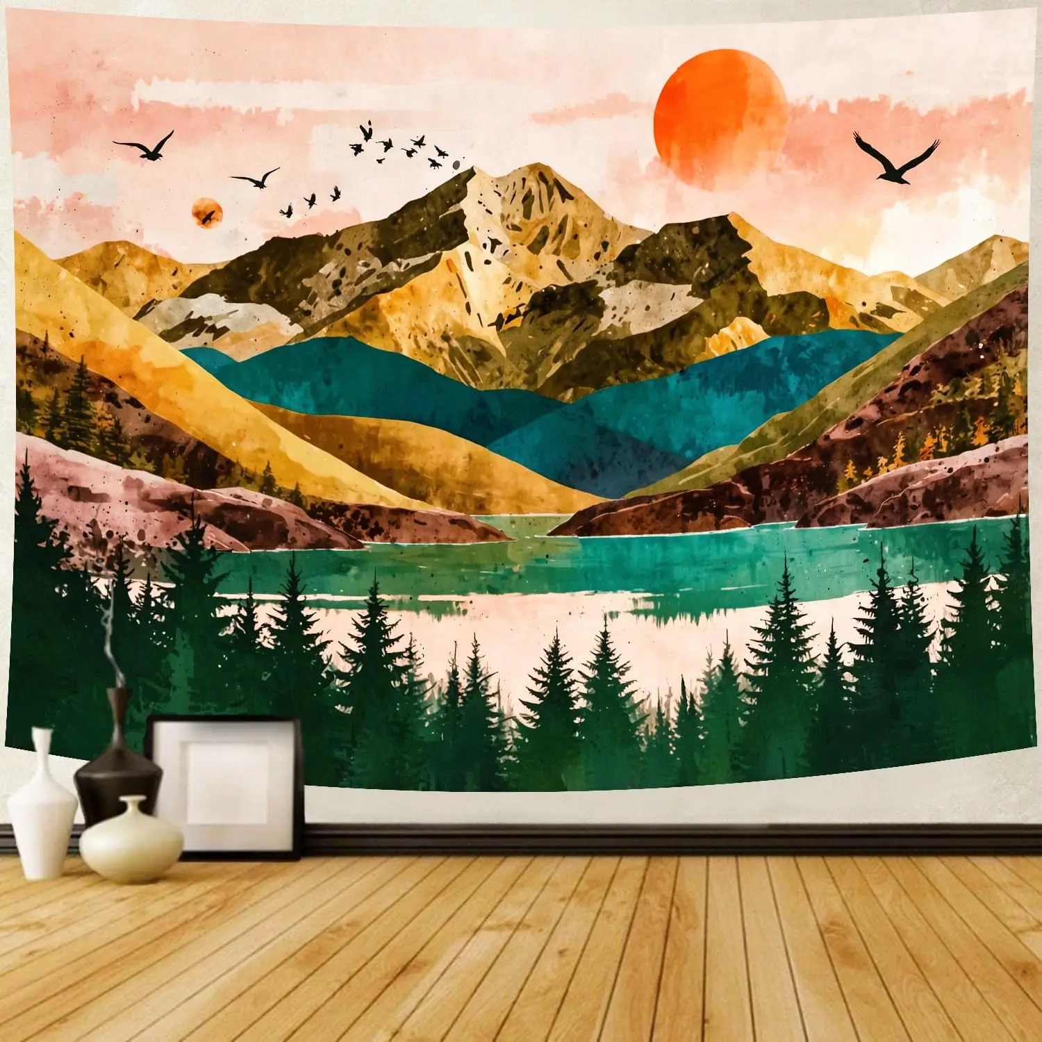 

Tapestry Boho Sunset Nature Forest Tree Tapestry Wall Hanging Sunrise River Lake Landscape Psychedelic Headboard for Bedroom