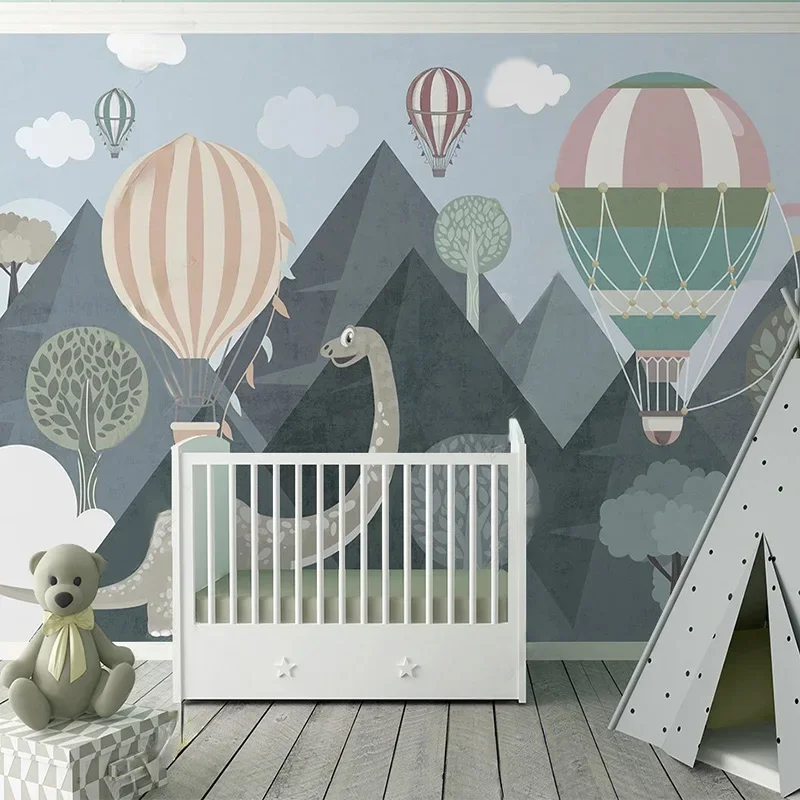 Custom 3D Mural Wall Wallpaper Fashion Dinosaur Mountain Forest Hydrogen Balloon Cute Cartoon Children's Room Background Fresco