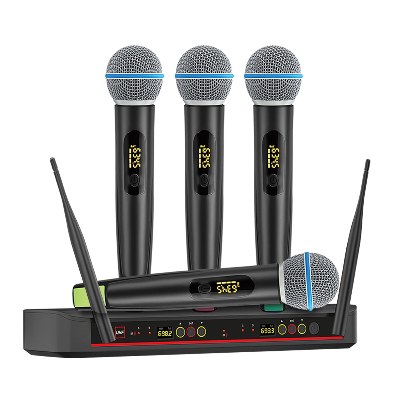 

UHF 4 Channel Wireless Microphone System Adjustable Frequency 4 Cordless Handheld Dynamic Microphone for Karaoke