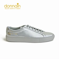 DONNAIN Flat Casual Shoes for Women Genuine Leather Handmade Classic Lace Up Silver Sneakers Men&Women