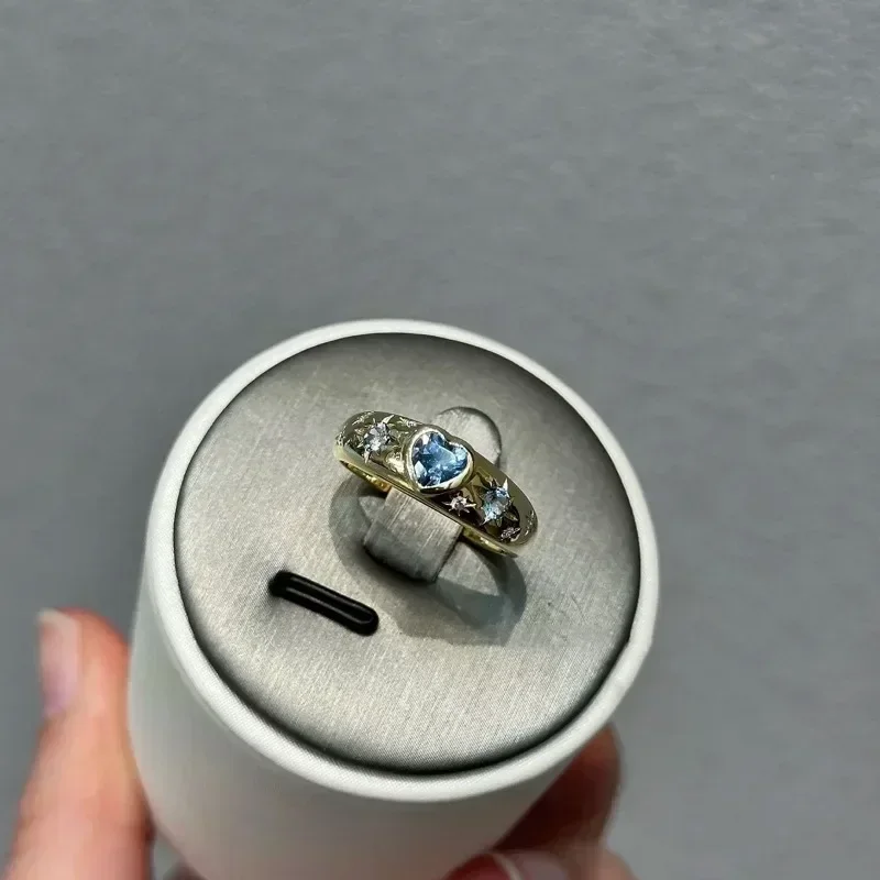 Luz de luxo doce prata 925 fresco mar azul pedra preciosa em forma de coração anéis de estrela para mulheres exclusivo brilhante anel de noivado jóias